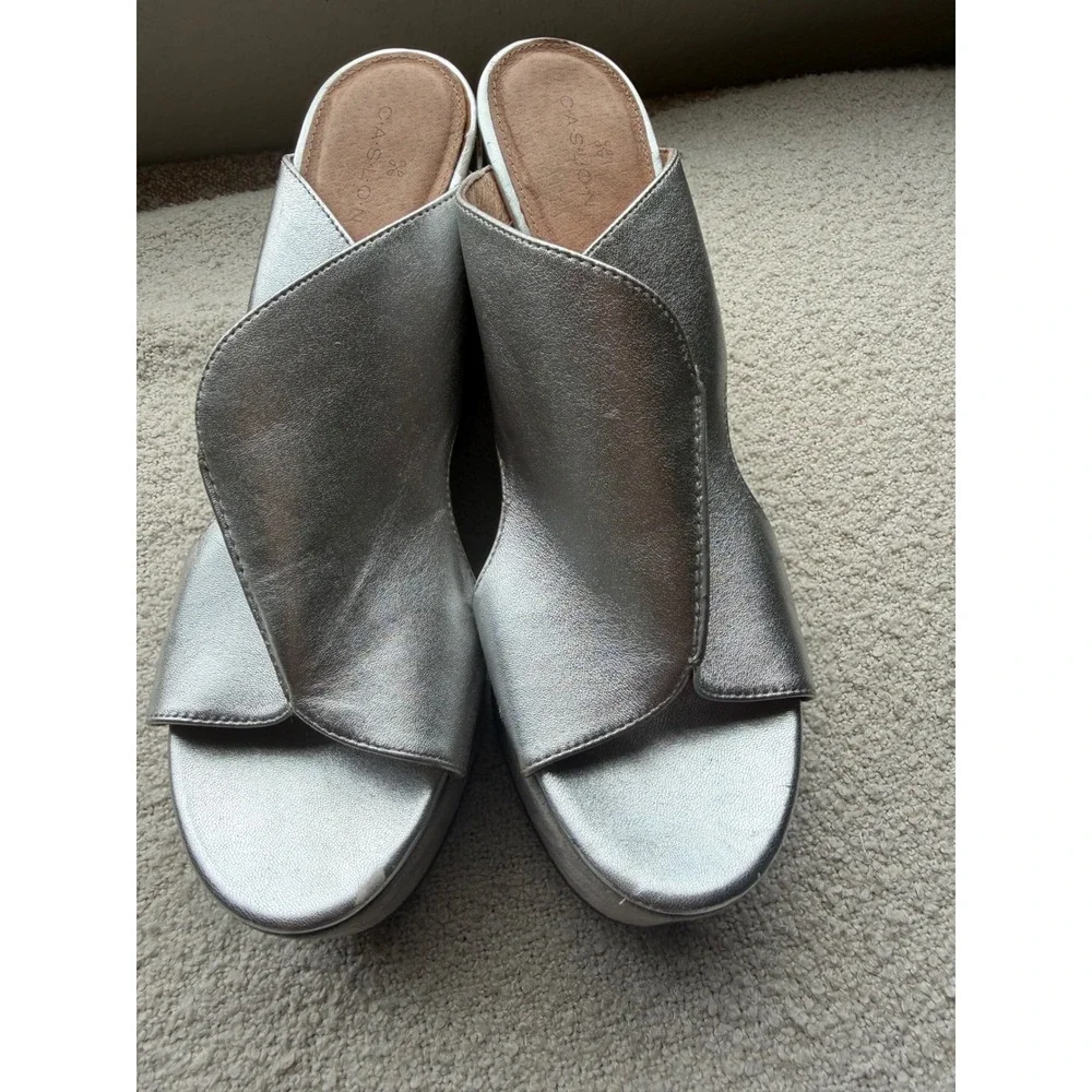 Caslon Silver Metallic Platform Wedge Sandals Size 9.5 Suede Wrap Mules